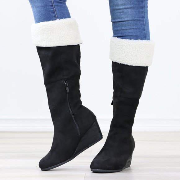 Shoes - Sherpa Fold Over Black Below The Knee Wedge Heeled Boots Faux Suede